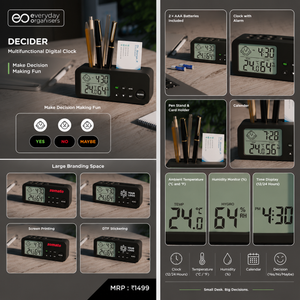A promotional collage for the Decider multifunctional digital clock by Everyday Organisers. The collage shows the black rectangular clock with a green LCD display in multiple settings: holding pens and a notepad on a wooden desk, on a plain surface, and with various colorful text labels such as 'Yes', 'No', 'Maybe', 'Large Branding Space', 'Screen Printing', and 'ETP Marking'.