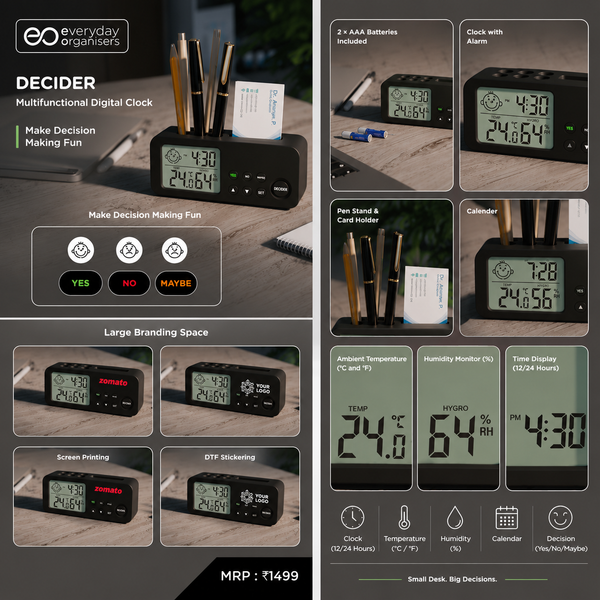 A promotional collage for the Decider multifunctional digital clock by Everyday Organisers. The collage shows the black rectangular clock with a green LCD display in multiple settings: holding pens and a notepad on a wooden desk, on a plain surface, and with various colorful text labels such as 'Yes', 'No', 'Maybe', 'Large Branding Space', 'Screen Printing', and 'ETP Marking'.
