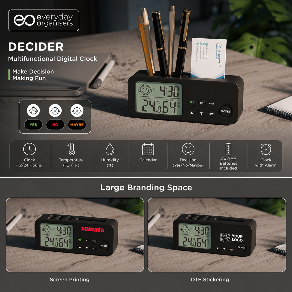 A black multifunctional digital desk clock organizer branded everyday organisers, shown holding pens and a business card on a wooden surface. The image includes feature callouts, icons, and example graphics for screen printing and DTF sticker printing.