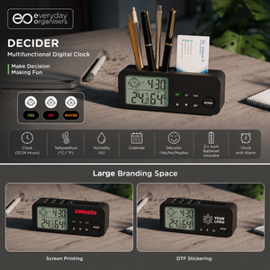 A black multifunctional digital desk clock organizer branded everyday organisers, shown holding pens and a business card on a wooden surface. The image includes feature callouts, icons, and example graphics for screen printing and DTF sticker printing.