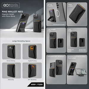 A promotional collage for  Mag Wallet Neo phone case. The image shows multiple views of a black magnetic wallet-style phone case with a phone inserted, plus feature callouts such as strong magnets, vegan leather, attachments included, light weight, card holder, screen printing, digital printing, debossing, DTF sticker printing, and compatibility with all devices.