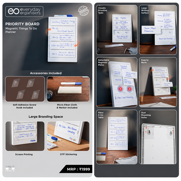 A promotional collage for the Everyday Organisers Priority Board, showing the white magnetic board with a clear screen, included accessories, and multiple usage examples on a dark gray background.